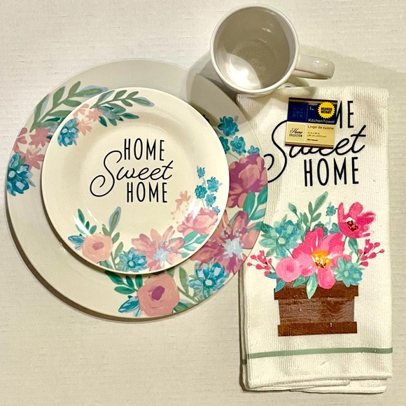 3 PIECE SPRING DECORATIVE CERAMIC DISH WARE AND TOWEL (COFFE MUG NOT INCLUDED) - Picture 2 of 4